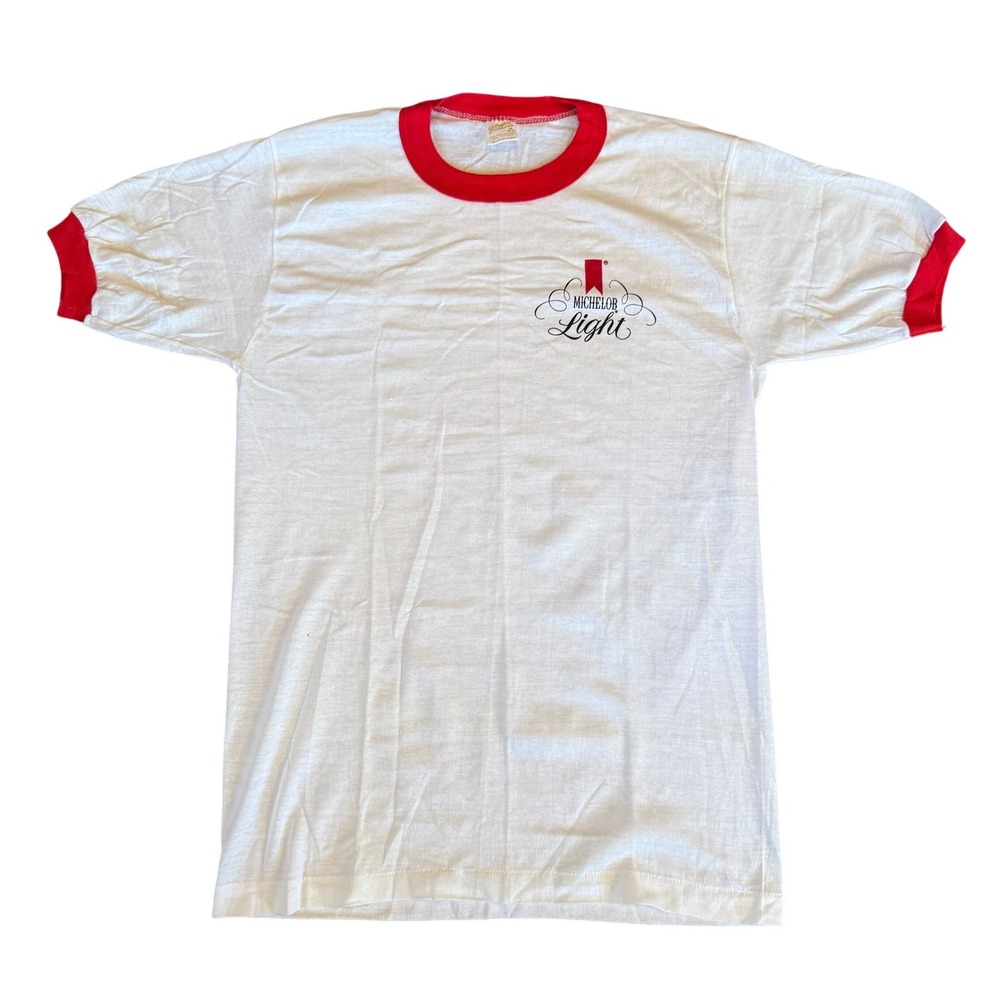 Vintage 80s Michelob Light Ringer T-Shirt Sportswear White Red Medium 50/50 USA